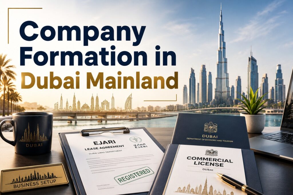 Business consultant reviewing Dubai mainland Ejari lease agreement and commercial registration documents