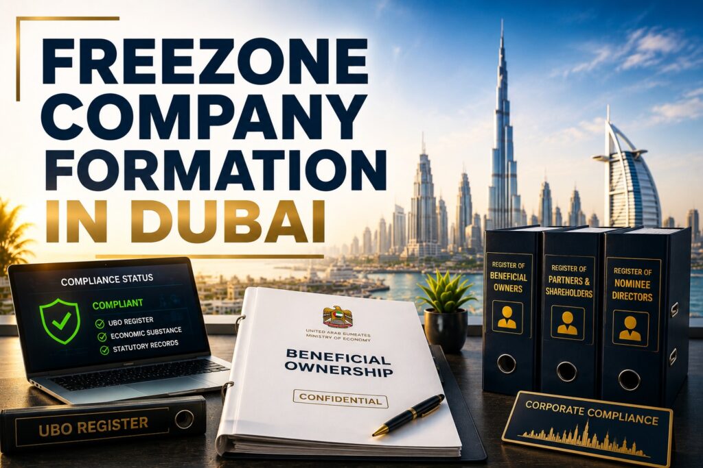 Corporate compliance advisor updating UAE Ultimate Beneficial Owner registers and free zone trade license records