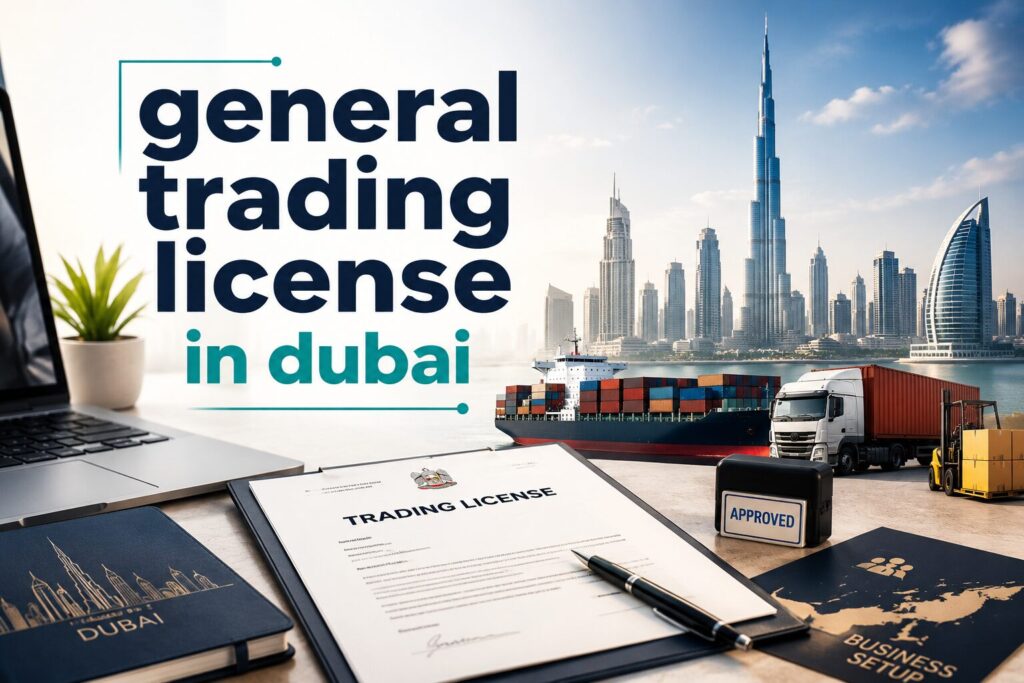 Corporate setup consultant reviewing general trading license paperwork in a Dubai office