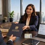 Corporate consultant reviewing visa quotas and pro services in UAE paperwork for employee residence permits