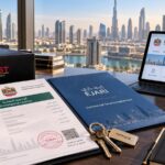 Official Dubai mainland trade license documents, Ejari lease agreement, and commercial office keys for business setup in Dubai
