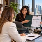 Corporate legal advisor presenting approved trade license Dubai documentation to international business founders