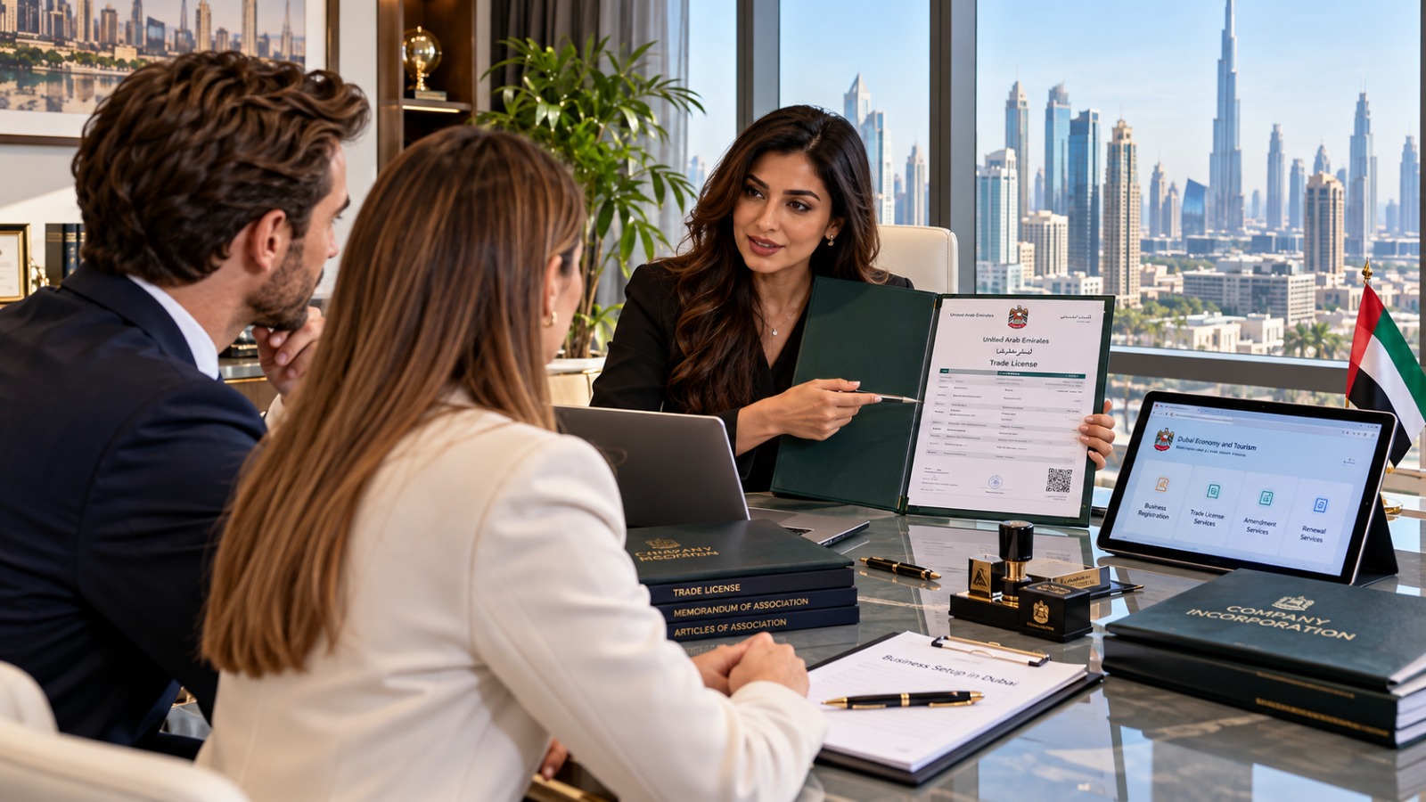 Corporate legal advisor presenting approved trade license Dubai documentation to international business founders