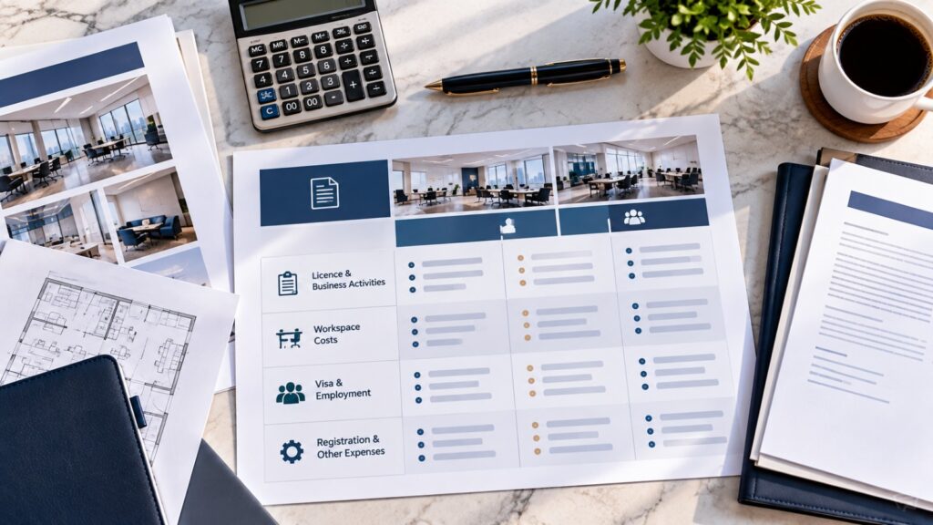 Flat-lay of business budgeting documents for DWTC Free Zone company setup costs.